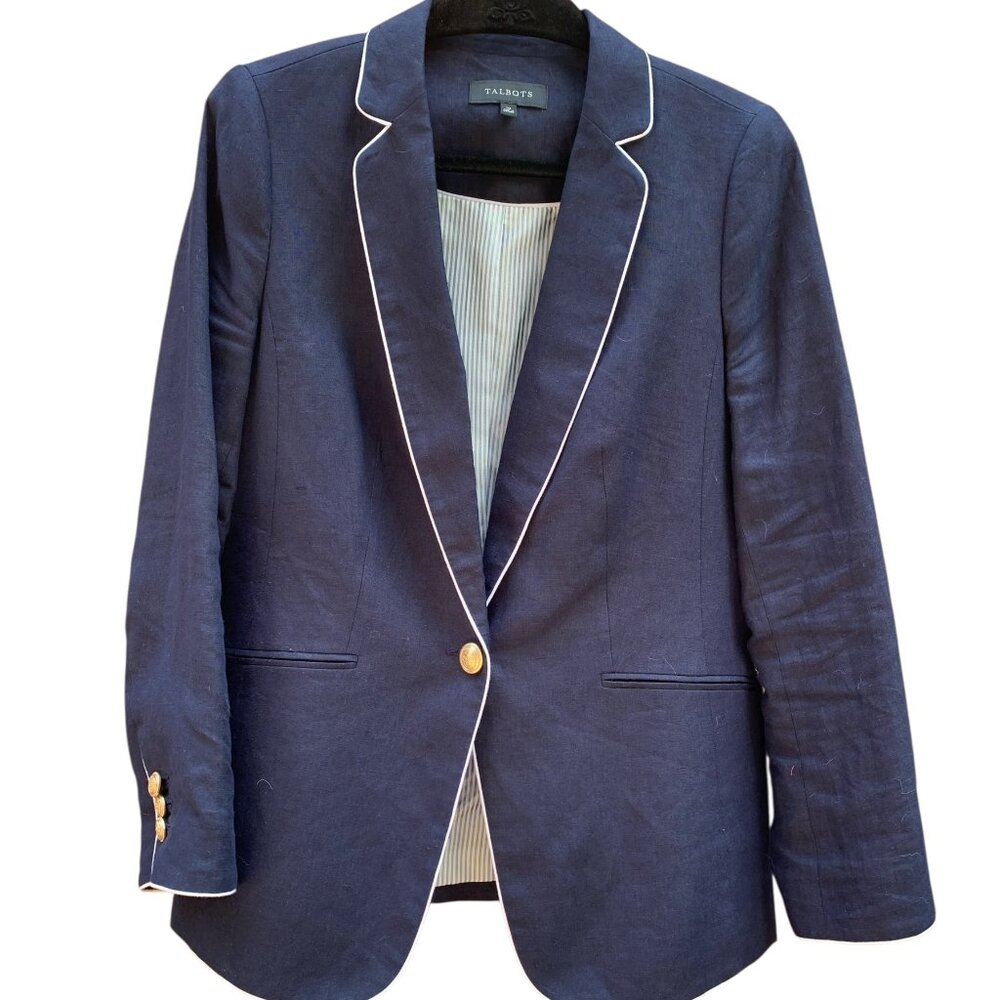 Talbots Womens Navy Linen Blazer with White Piping & Gold Buttons Size 10